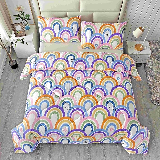SDIII 3PCS Rainbow Comforter Queen with 2 Pillowcases, Soft Microfiber Lightweight Queen Comforter Set, Rainbow Bedding Set for Girls Boys Kids Teens