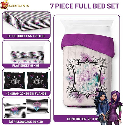 Jay Franco Kids Comforter Set Includes Sheets and Pillow Cover - Soft and Cozy Bed Set for Stylish Room Décor, Multi - Descendants, 7 Piece Full