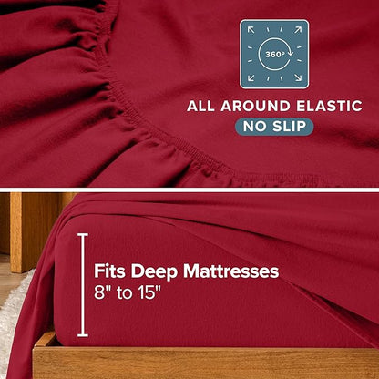 Bare Home Flannel Sheet Set 100% Cotton, Velvety Soft Heavyweight - Double Brushed Flannel - Deep Pocket (Split King, Red)
