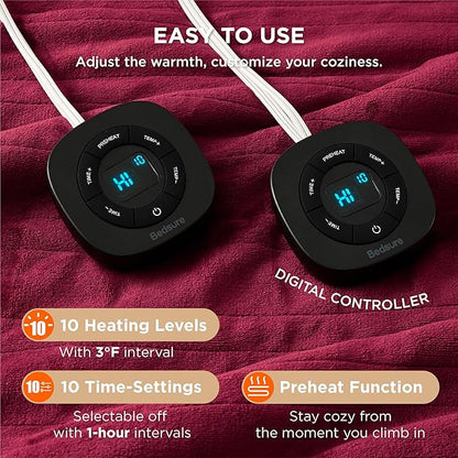 Bedsure Electric Blanket King Size - Dual Control Heated Blanket King Size, Fast Heating with 10 Time Settings & 10 Heat Settings, Warm Gift for Grandma (100x90 inches, Burgundy)