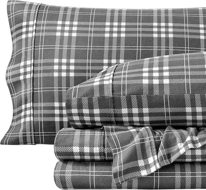 Bare Home Cotton Flannel Sheet Set Prints, Bed Linen Set, Double Brushed Flannel for Extra Softness & Comfort, 4 Piece, Queen, Stirling Plaid - Grey/White