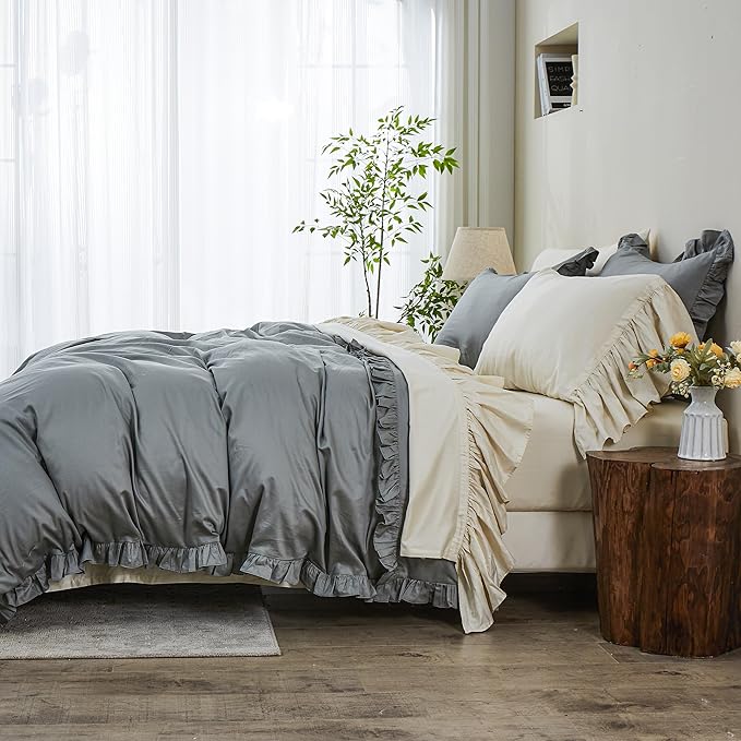 Simple&Opulence Kids 100% Organic Cotton King Duvet Cover Ruffle 3Pcs(1 Comforter Cover 2 Pillowcases) Cute Lace Vintage Boho Shabby Chic Farmhouse Bedding Set Teen Girls(Gray, King)