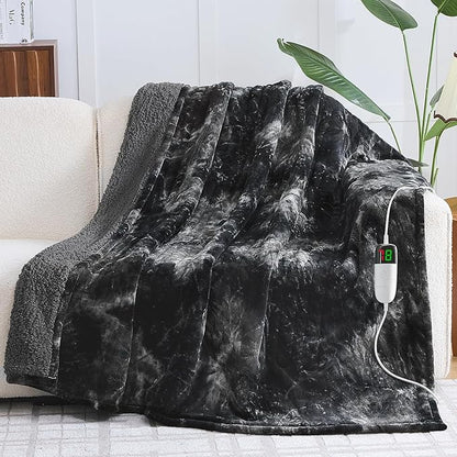 greenoak Heated Electric Blanket Twin, Faux Fur Sherpa Heating Blanket for Sofa Bed, Warm Winter Gifts for Women/Men, Heater Lap Blankets 5-Position Timer &10 Heating Levels 62''*84" Black