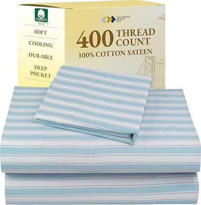California Design Den Deep Pocket Twin Sheets Set - 400 Thread Count Sateen, Natural 100% Cotton Sheets, and Durable Bedding Set - Cape Stripe