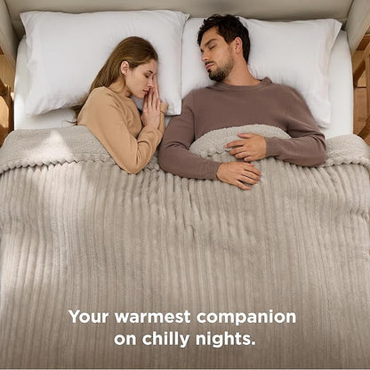 Bedsure Electric Blanket King Size - Thick Striped Flannel Electric Blanket with Dual Control, Heating with 10 Heat Settings & 10 Time Settings, 8 hrs Timer Auto Shut Off (90x100 inches, Linen)