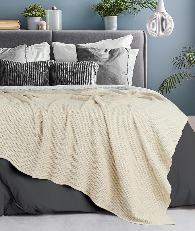 Tex Trend Ivory Waffle Blanket – 100% Cotton Blankets Queen Size – Breathable and Soft for Christmas & Winters – Suitable for Bed Layering, Sofa - Ivory (90”x90”)