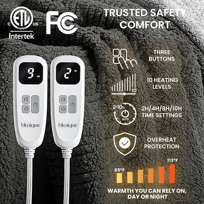 Heated Blanket Electric Blanket Queen - Fast Heating Blanket Throw Dual Control Double Sided Sherpa with 10 Heating Levels & 2-10 Hours Auto Off, Mashine Washable, 84 x 90 Inches, Grey