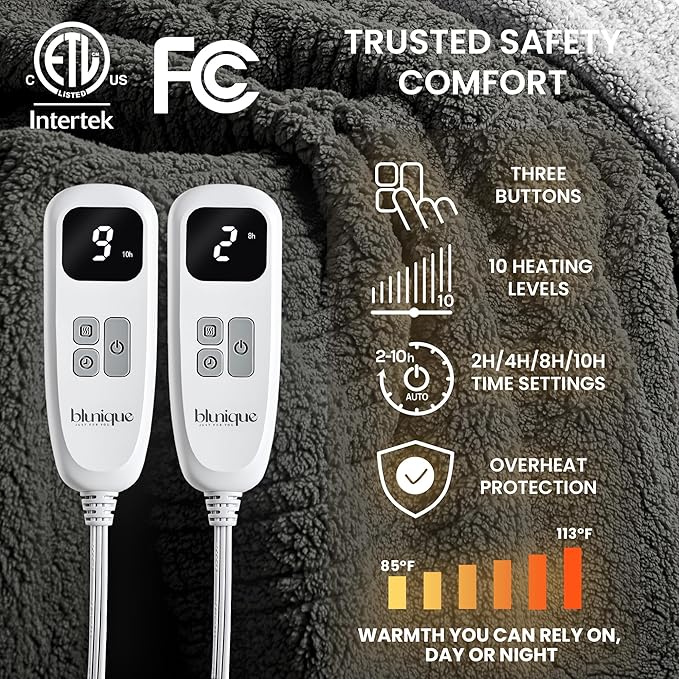 Heated Blanket Electric Blanket King - Fast Heating Blanket Throw Dual Control Double Sided Sherpa with 10 Heating Levels & 2-10 Hours Auto Off, Mashine Washable, 90 x 100 Inches, Grey