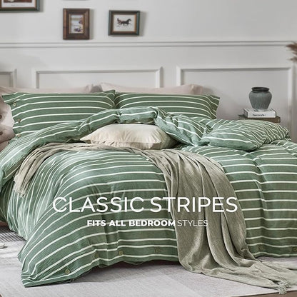 JELLYMONI Cotton Duvet Cover Oversized King Size - Green Striped Comforter Cover with Button 100% Washed Cotton 3PCS Breathable Soft Solid Bedding Set Duvet Cover 120×98in & 2 Pillowcases