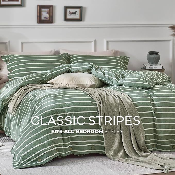 JELLYMONI Cotton Duvet Cover Queen Size - Green Striped Comforter Cover with Button 100% Washed Cotton 3PCS Breathable Soft Solid Bedding Set Duvet Cover 90×90in & 2 Pillowcases (NO Comforter)