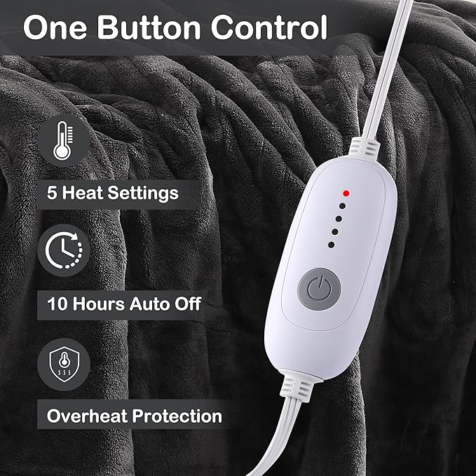 Electric Heated Blanket Full Size 72"x84", Fast Heating Blanket, Soft Cozy for Bed, 10 Hours Auto Off & 5 Heating Levels, Heater Blankets, Machine Washable, Warm Gifts for Grandma -Dark Gray
