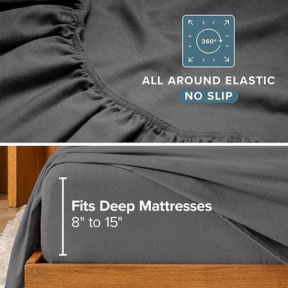 Bare Home Flannel Sheet Set 100% Cotton, Velvety Soft Heavyweight - Double Brushed Flannel - Deep Pocket (King, Grey)