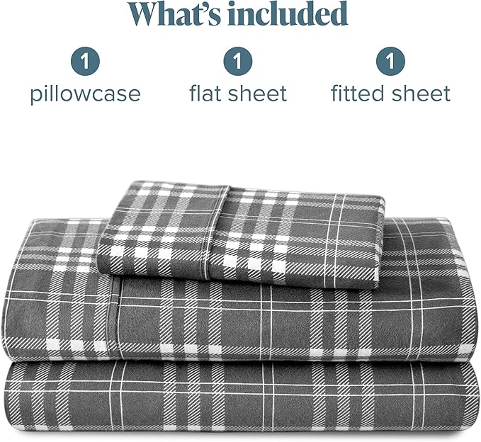 Bare Home Flannel Sheet Set Prints, 100% Cotton, Velvety Soft Heavyweight - Double Brushed Flannel for Extra Softness & Comfort - Deep Pocket - Bed Sheets (Twin, Stirling Plaid - Grey/White)