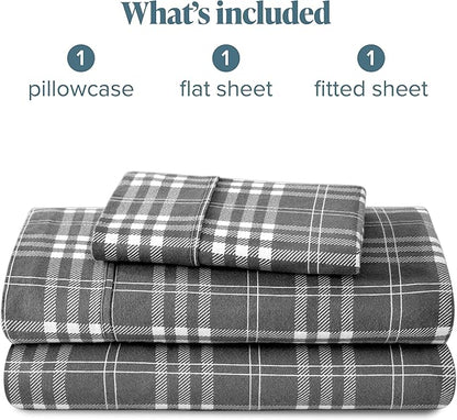 Bare Home Flannel Sheet Set Prints, 100% Cotton, Velvety Soft Heavyweight - Double Brushed Flannel for Extra Softness & Comfort - Deep Pocket - Bed Sheets (Twin, Stirling Plaid - Grey/White)