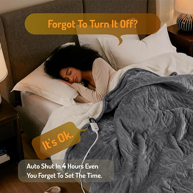 Degrees of Comfor Heated Throw Blanket - Soft Flannel Electric Throws with 6 Heat Settings and 4-Hour Auto Shut-Off - Warm Gifts for Grandma - Grey, 50x60'' - ETL Certified