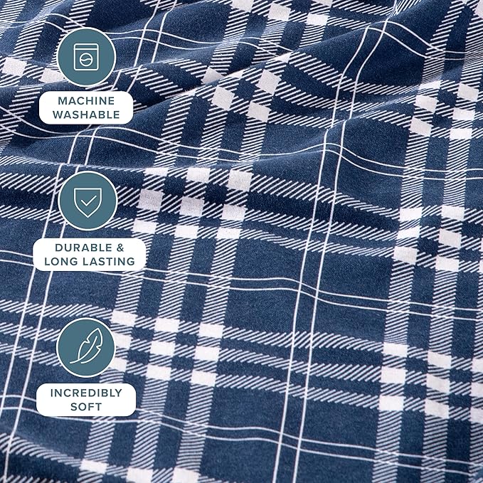 Bare Home Flannel Sheet Set Prints, 100% Cotton, Velvety Soft Heavyweight - Double Brushed Flannel for Extra Softness & Comfort - Deep Pocket - Bed Sheets (Cal King, Stirling Plaid - Blue/White)