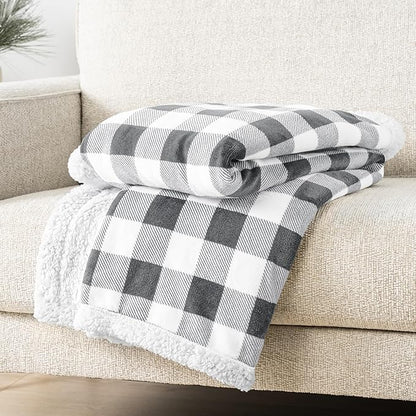 PAVILIA Light Grey Buffalo Plaid Sherpa Throw Blanket for Couch Twin, Soft Fuzzy Flannel Blanket for Bed, Plush Checkered Fleece Blanket and Throws, Warm Thick Winter Blanket Gift, 60x80
