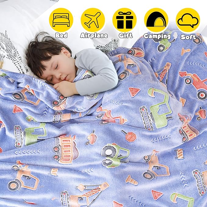 Glow in The Dark Blanket for Boys,Construction Truck Throw Blanket for Kids Truck Toys Gift for Boys Warm Kids Excavator Car Theme Decor Blanket for Couch Sofa Bedroom,50x60 Inches
