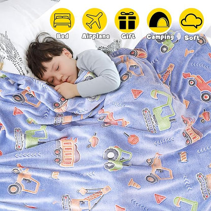 Glow in The Dark Blanket for Boys,Construction Truck Throw Blanket for Kids Truck Toys Gift for Boys Warm Kids Excavator Car Theme Decor Blanket for Couch Sofa Bedroom,50x60 Inches