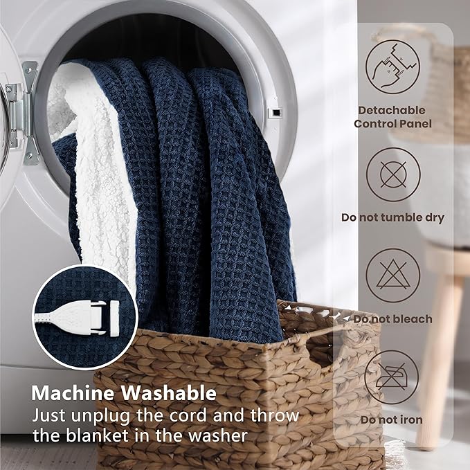 Heated Blanket Electric Blanket Twin Waffle, 62x84 Inches Sherpa Fleece Fast Heating Blanket 6 Heating Levels & 10 Hours Auto Off ETL Certification, Navy Twin