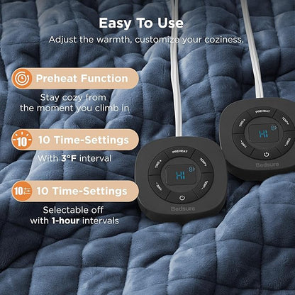Bedsure Electric Blanket Queen Size - Dual Control Heated Blanket Queen with 10 Heat Settings, Thick Heating Blanket with 10 Time Settings, Fast Heating Quilted Blanket (84x90 inches, Bering Sea)