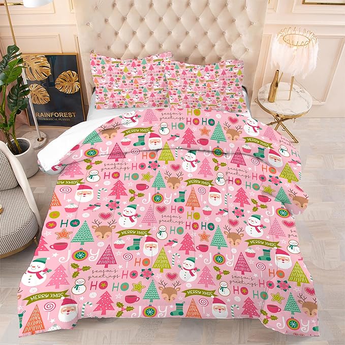 Pink Christmas Comforter Queen: Merry Xmas Santa Claus Bedding Set Queen Size for Teen Girls Women Adults Kids Christmas Tree Snowman Elk Quilt Bed Set 1 Comforter & 2 Pillowcases