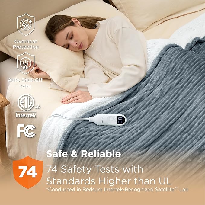 Bedsure Electric Blanket Twin - Soft Ribbed Flannel Heated Blanket, Heating Blanket with 10 Time Settings, 6 Heat Settings, and 8 hrs Timer Auto Shut Off (62x84 inches, Grey)