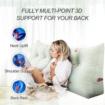 Wedge Headboard Pillow Dorm Room Reading Pillow Back Support for Sitting Up in Bed Bolster Lumbar Cushion Body Positioning Bedrest Cotton Linen 54in Grey-Beige Full