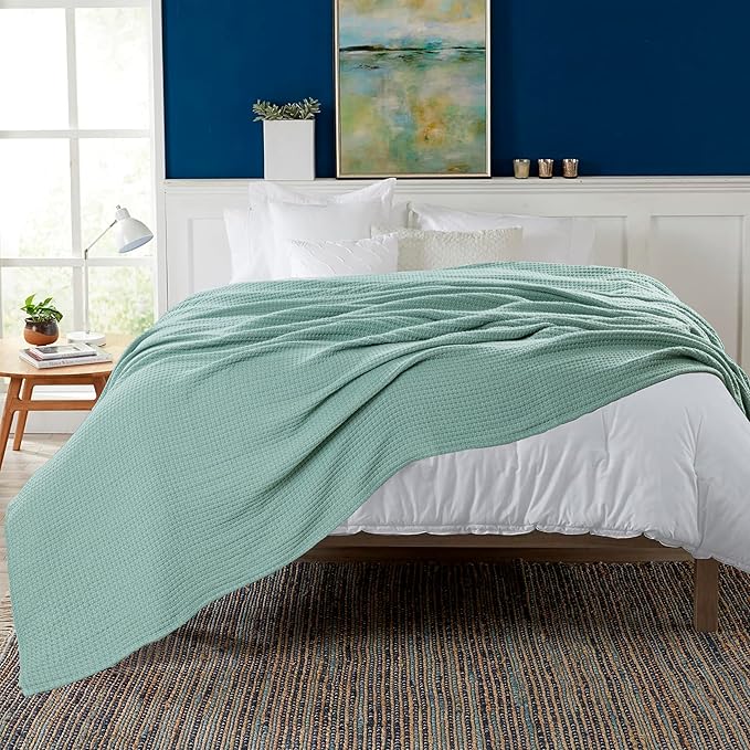 HILLFAIR 100% Combed Cotton Blanket– California King Size Bed Blankets– Warm Soft All Season Breathable Blankets– Extra Large Oversized California King Blanket- Sage Cotton Bed Blankets
