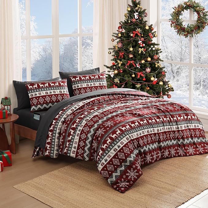 MaiRêve Christmas Twin XL Comforter Set, Red Reindeer Snowflake Bed Set for Holiday, Reversible Plaid Checkered Comforter Bed in a Bag, Soft Bedding Set 5 Pieces with Sheets, Pillowcase & Sham