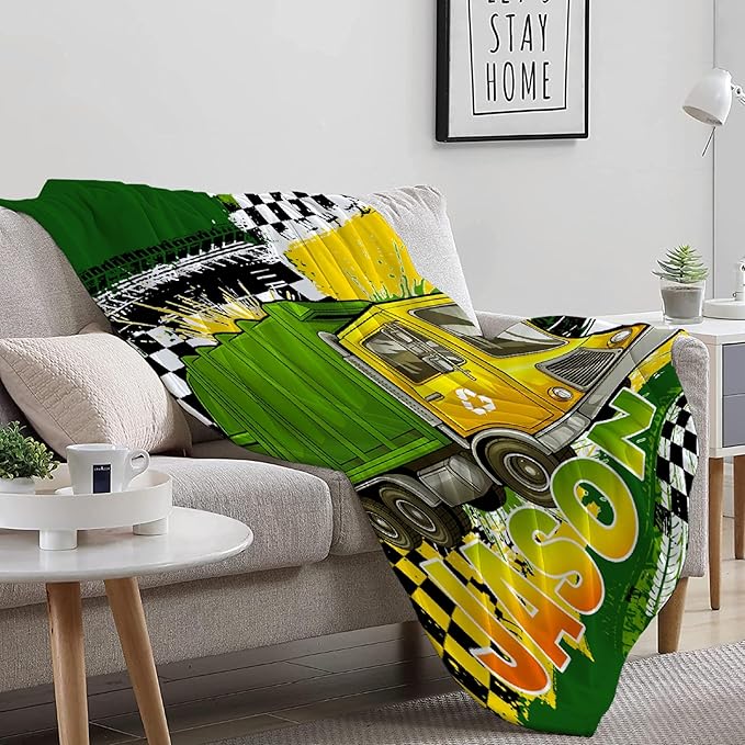Custom Garbage Truck Blanket, Personalized Truck Gifts for Kids, Car Themed Flannel Blankets with Name, Soft Cozy Lightweight Throws Gifts for Truck Lovers & Boys 40x50 Inch for Kid