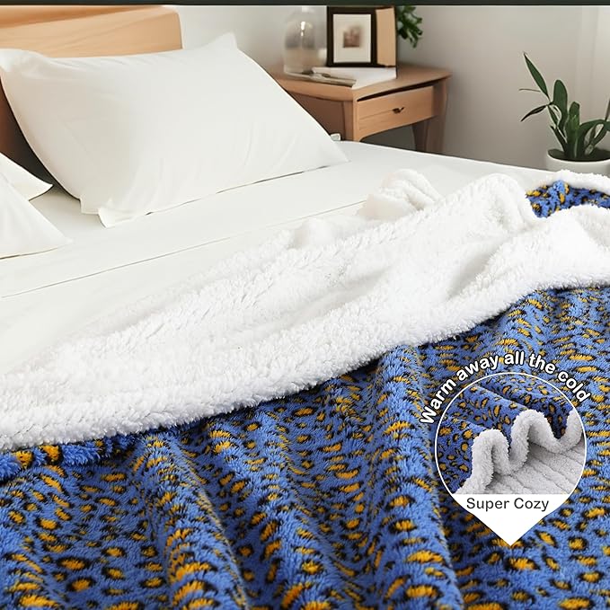 Electric Heated Blanket Throw 50"×60" with 6 Heating Levels &3 Hours Auto Off, Heating Double Sided Plush Sherpa, Fast Heating, Machine Washable Leopard Print Blue & Yellow