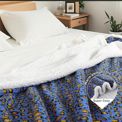 Electric Heated Blanket Throw 50"×60" with 6 Heating Levels &3 Hours Auto Off, Heating Double Sided Plush Sherpa, Fast Heating, Machine Washable Leopard Print Blue & Yellow