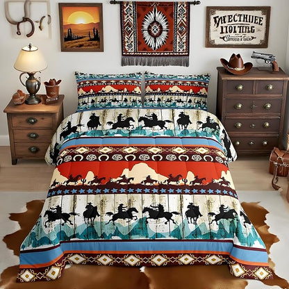 Feelyou Kids Twin Aztec Red Comforter Twin Size, Southwestern Cowboys Comforter Set for Boys Girls Horse Bedding Set Boho Tribal Duvet Set Microfiber Bed Set