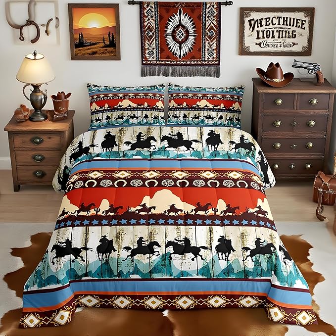 Feelyou Kids King Aztec Red Comforter King Size, Southwestern Cowboys Comforter Set for Boys Girls Horse Bedding Set Boho Tribal Duvet Set Microfiber Bed Set