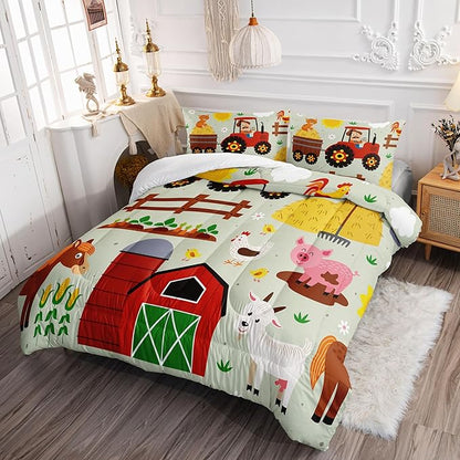 Kids Comforter Set Farm Theme Printed Pattern Bedding Set with 1 Comforter and 2 Pillowcases for Girls Boys Bedroom All Season(Farm Theme02 Queen)