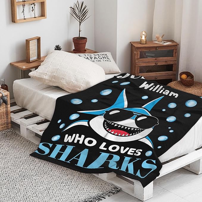 Custom Just A Boy Who Loves Sharks Blankets Gifts for Kids Adult On Bed Sofa,Personalized Premium Flannel Blankets for Birthday Christmas Thanksgiving All Season Use 90''x 120'' -XL