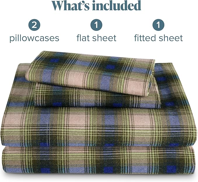 Bare Home Flannel Sheet Set Prints, 100% Cotton, Velvety Soft Heavyweight - Double Brushed Flannel for Extra Softness & Comfort - Deep Pocket - Bed Sheets (Cal King, Voyageur Plaid - Green)