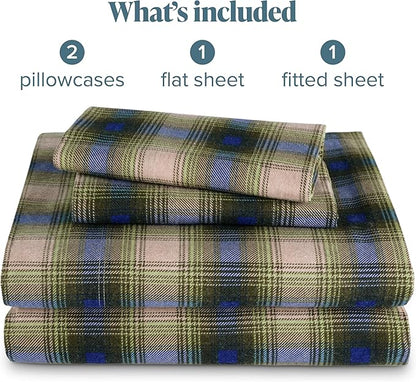 Bare Home Flannel Sheet Set Prints, 100% Cotton, Velvety Soft Heavyweight - Double Brushed Flannel for Extra Softness & Comfort - Deep Pocket - Bed Sheets (Cal King, Voyageur Plaid - Green)