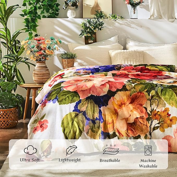 Floral Throw Blanket Birthday Gift for Women Mom Girls Paintings Flowers Blanket Summer Wildflower Flannel Blanket Watercolor Printed Throw for Couch Sofa Bed Chair 50"x60"