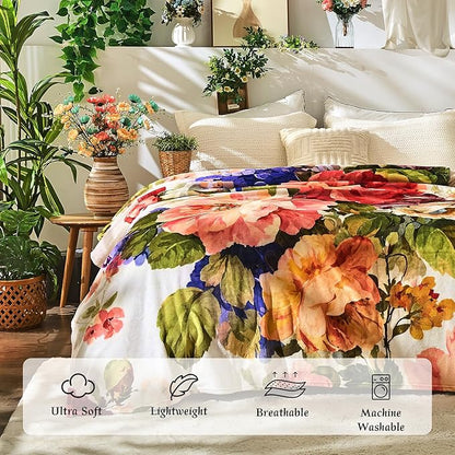 Floral Throw Blanket Birthday Gift for Women Mom Girls Paintings Flowers Blanket Summer Wildflower Flannel Blanket Watercolor Printed Throw for Couch Sofa Bed Chair 50"x60"