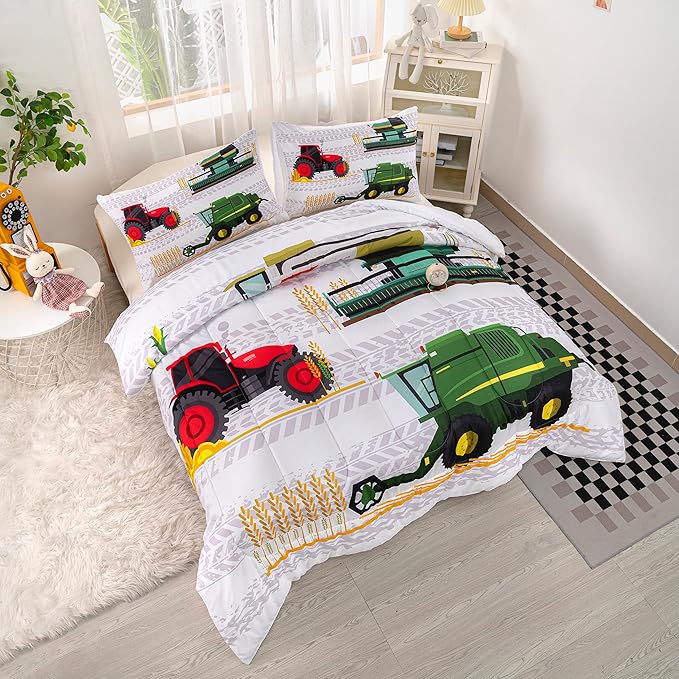 CVHOUSE Bedding Set for Boys, Tractor Comforter Twin, Cartoon Truck Quilt Set with 1 Comforter and 2 Pillow Cases- 3 Piece