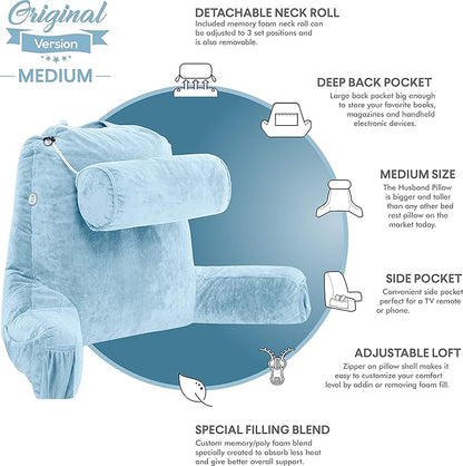 Husband Pillow Medium Sky Blue, Backrest for Kids, Teens, Petite Adults - Reading Pillows with Arms, Adjustable Loft, Plush Memory Foam, Bed Rest Chair Sitting Up, Detach Neck Roll, Removable Cover