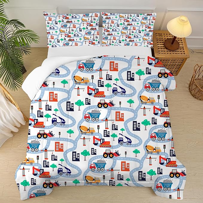 Cars Comforter Set Queen: Cartoon Truck Bedding for Boys Kids Teen Men Bedroom Construction White Dorm Quilt 1 Comforter + 2 Pillow Cases