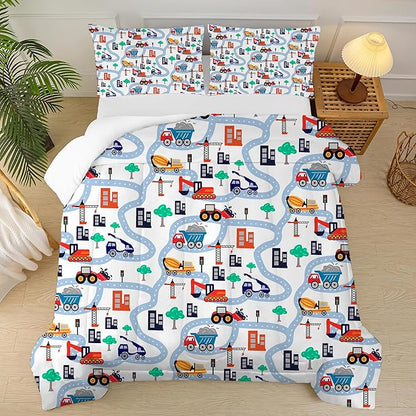 Cartoon Truck Comforter Set Twin: Construction Bedding Set for Boys Kids Children Bedroom Dorm White Cute Cars Quilt 1 Comforter + 1 Pillow Case