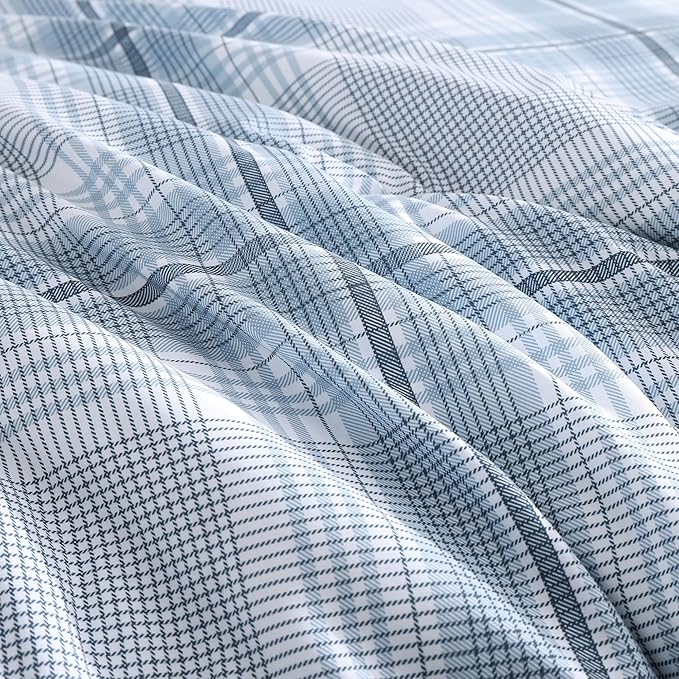 MaiRêve Plaid Full Comforter Sets, Light Blue Grid Farmhouse Bedding Set Bed in A Bag, Classic Checkered Comforter Sets with Fitted & Flat Sheet, Pillowcases & Shams(Light Blue, 80"x90")