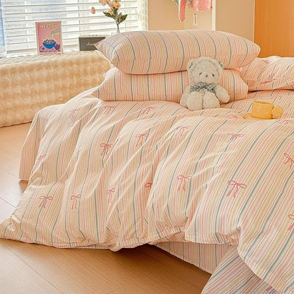 AOJIM Pink Bow Duvet Cover Set 3PCS for Kids Adults, 1 Soft Durable Pure Cotton Comforter Cover Queen Size and 2 Pillowcases, Rainbow Striped Bedding Duvet Cover Set for Room Decor, Machine Washable