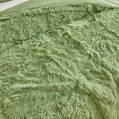 Wajade Faux Fur Plush Sage Green Comforter Set Fluffy Fuzzy Shaggy Bedding Set - 3PC King Size Microfiber Soft Warm Quilt Set