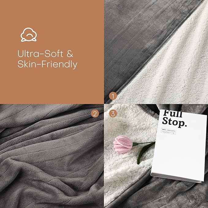 Electric Heated Blanket Throw Size 50"x60" - Flannel & Sherpa Fabric Dual-Sided, Keep Warm All Night, 6 Heat Settings & 1-3 Hours Auto Off, Soft & Cozy, Light Grey