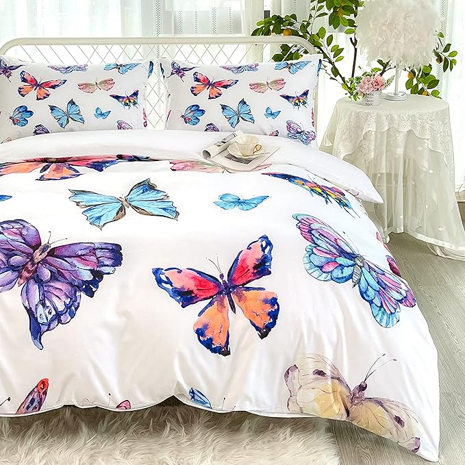 CVHOUSE Butterfly Duvet Cover Set Queen Size,Butterfly Bedding Set,Butterflies Printed Comforter Cover Set for Girls Kids Teens,1 Quilt Cover 2 Pillowcases 3 Piece
